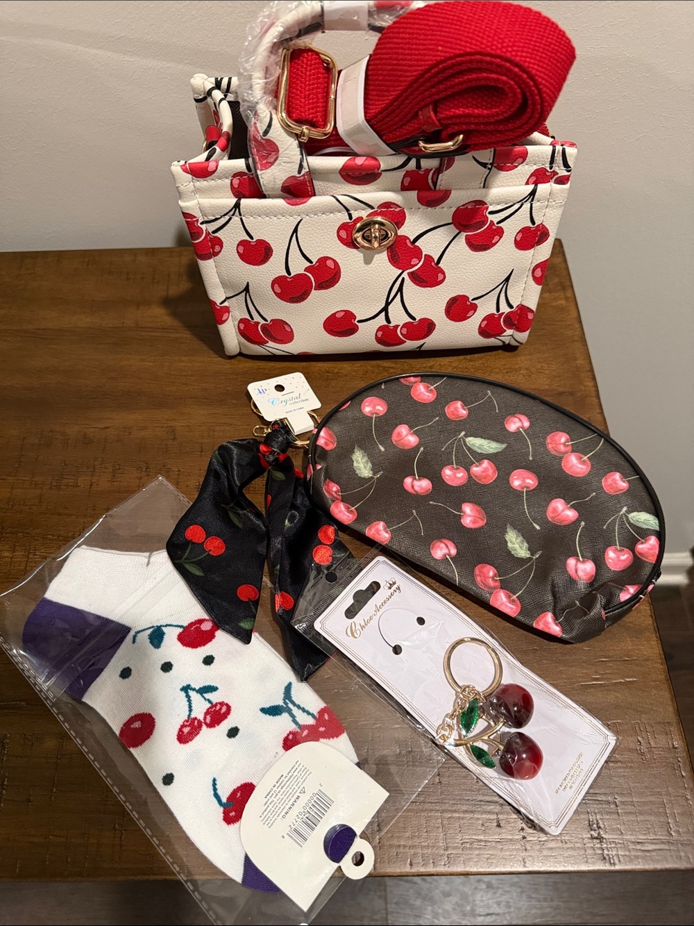 Cherry Print Crossbody Bag and Accessory Set - Red & White